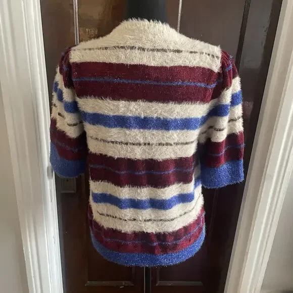 Maeve Anthropologie Short Sleeve Cardigan Sweater Womens LARGE Red Blue Sparkle - Picture 7 of 11